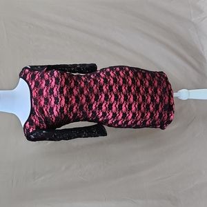 Pink and black low scoop back lace dress, looks like a Betsey Johnson